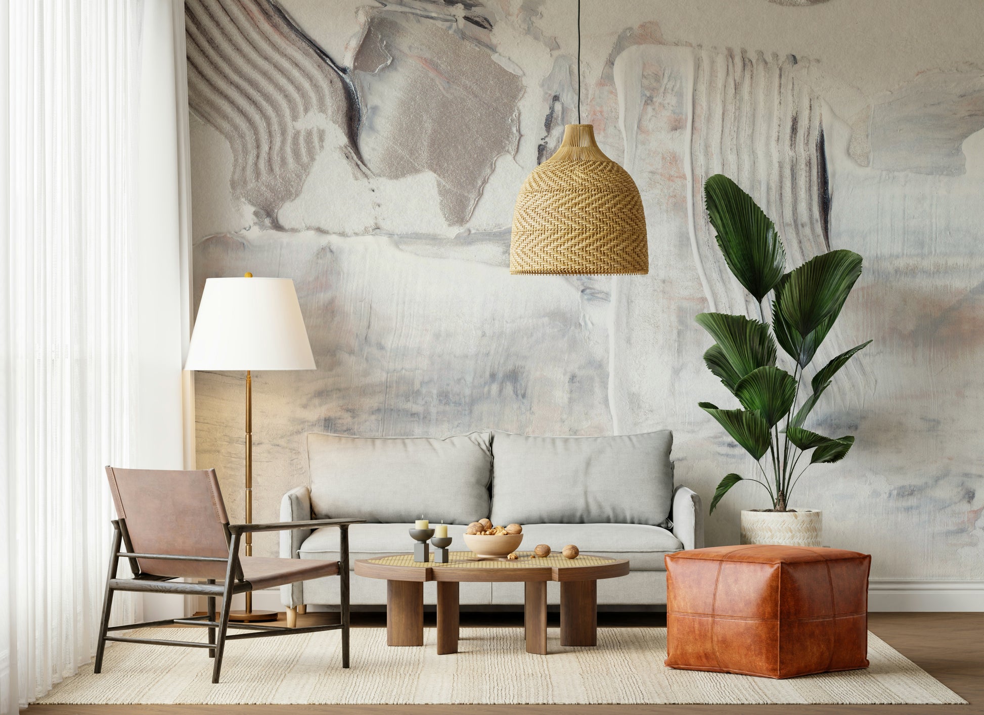 Abstract wall mural with layered textures and muted color gradients for modern interiors.