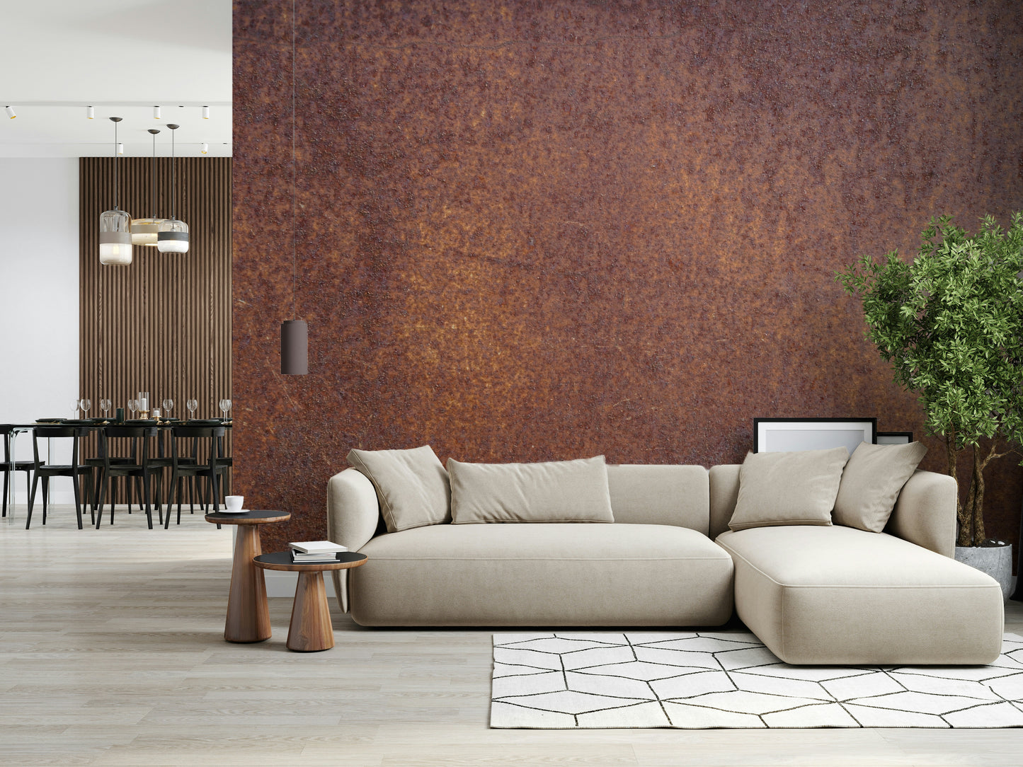 Wall mural with realistic rust patterns in brown, orange, and red tones for rustic interiors.