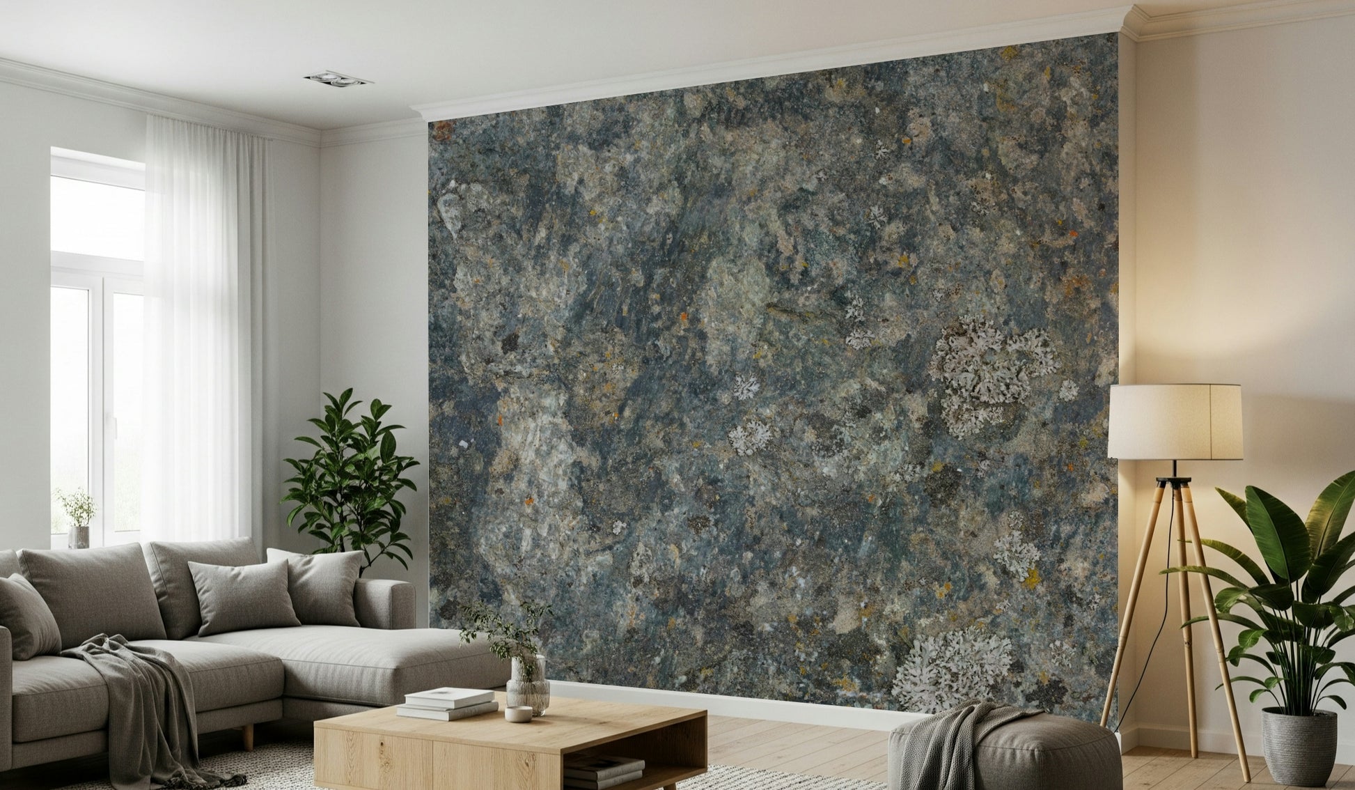 Wall mural with muted stone textures creating a calming, sophisticated interior vibe.