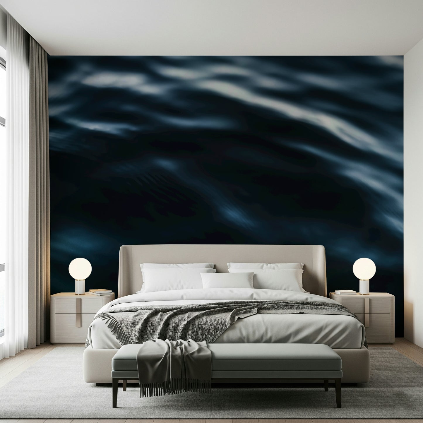 Wall mural depicting dynamic ocean waves in navy and teal for a coastal vibe.