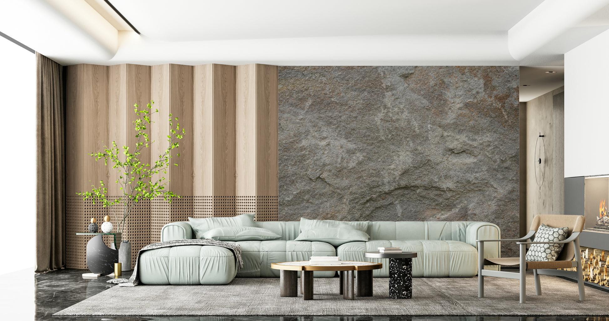 Textured mural with gentle stone patterns creating a refined, serene feature wall.