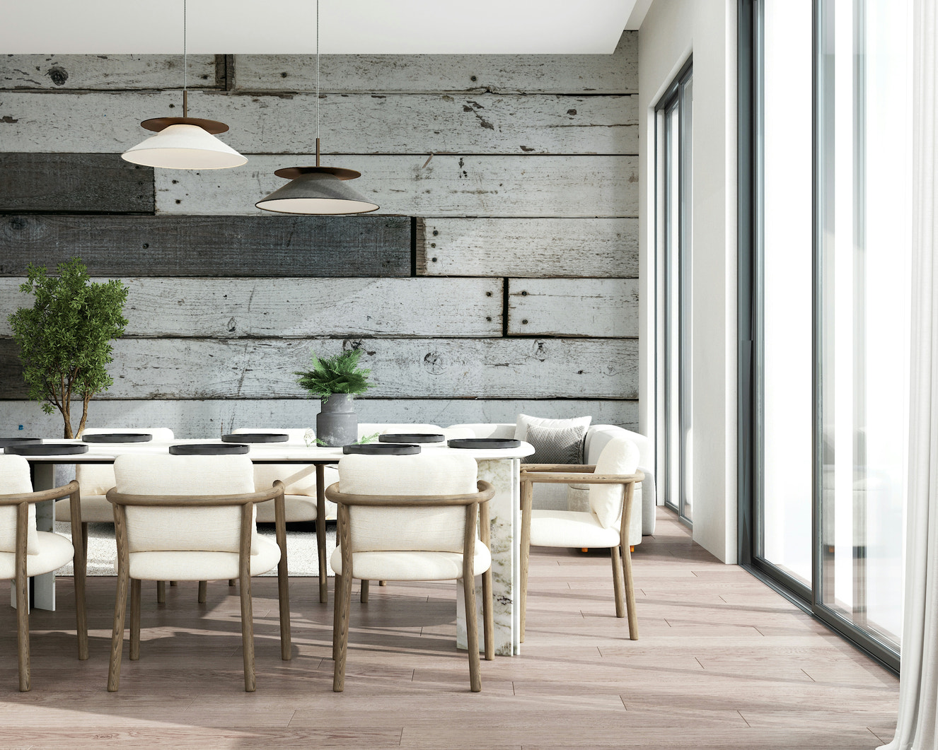 Distressed Wood Panel Wall Mural featuring weathered wooden planks with natural grain and rustic textures for cozy interiors.
