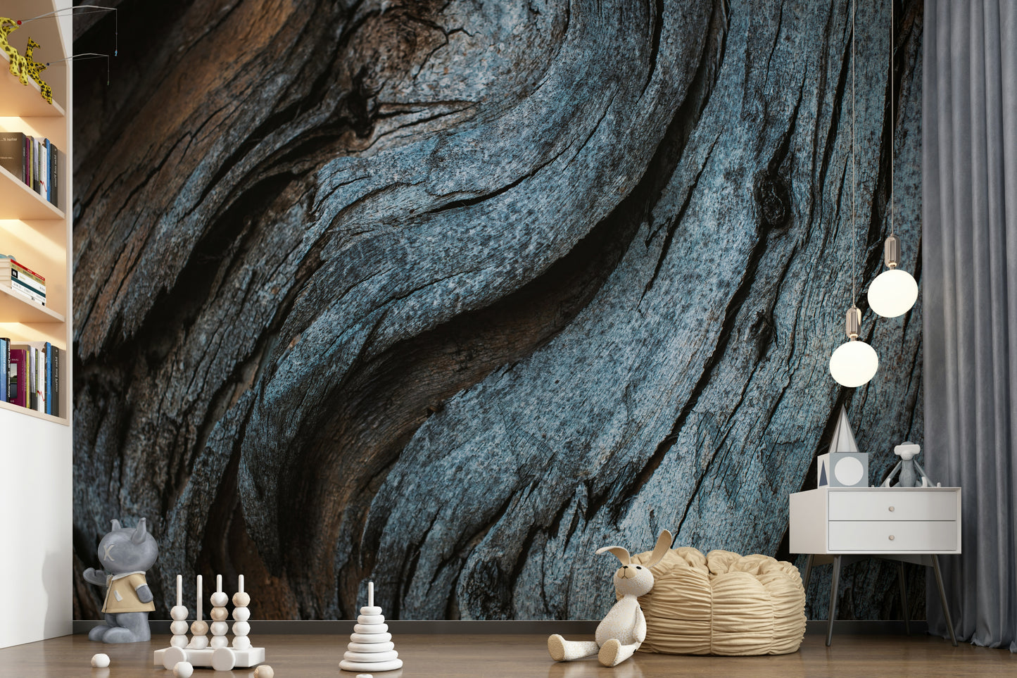 Textured wall mural with rustic blue wood panels adding a vintage, nautical, or shabby-chic accent.