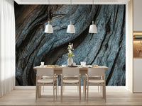 Weathered blue wood wall mural adding character, depth, and rustic charm to living rooms or offices.