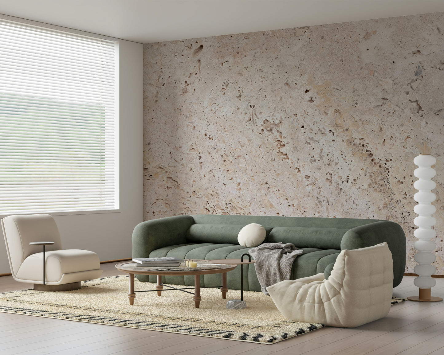 Soft, neutral stone wall mural combining gentle beige tones and textured surfaces for timeless interior décor.