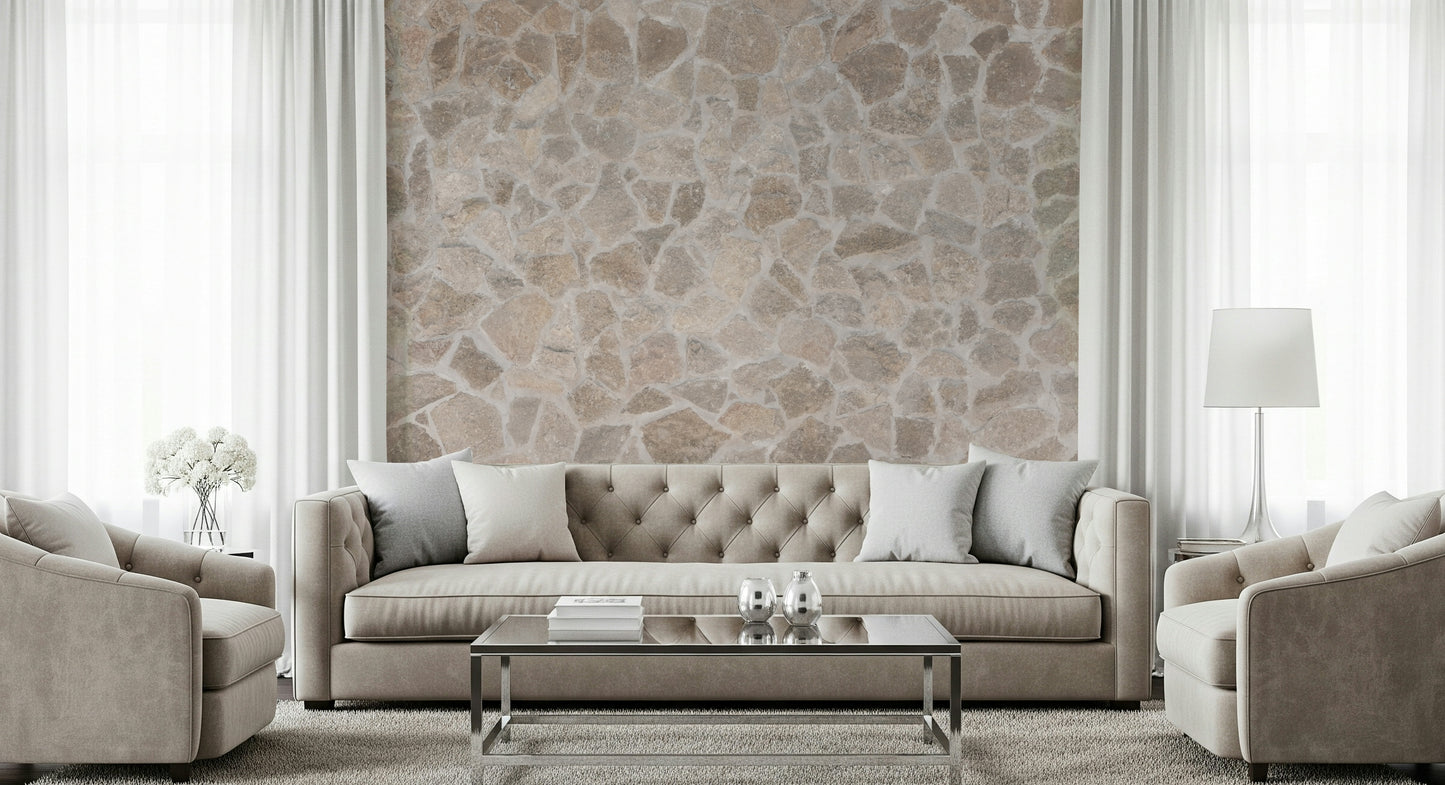Stone mosaic wallpaper mural showcasing layered stone tiles in neutral and earthy colors.