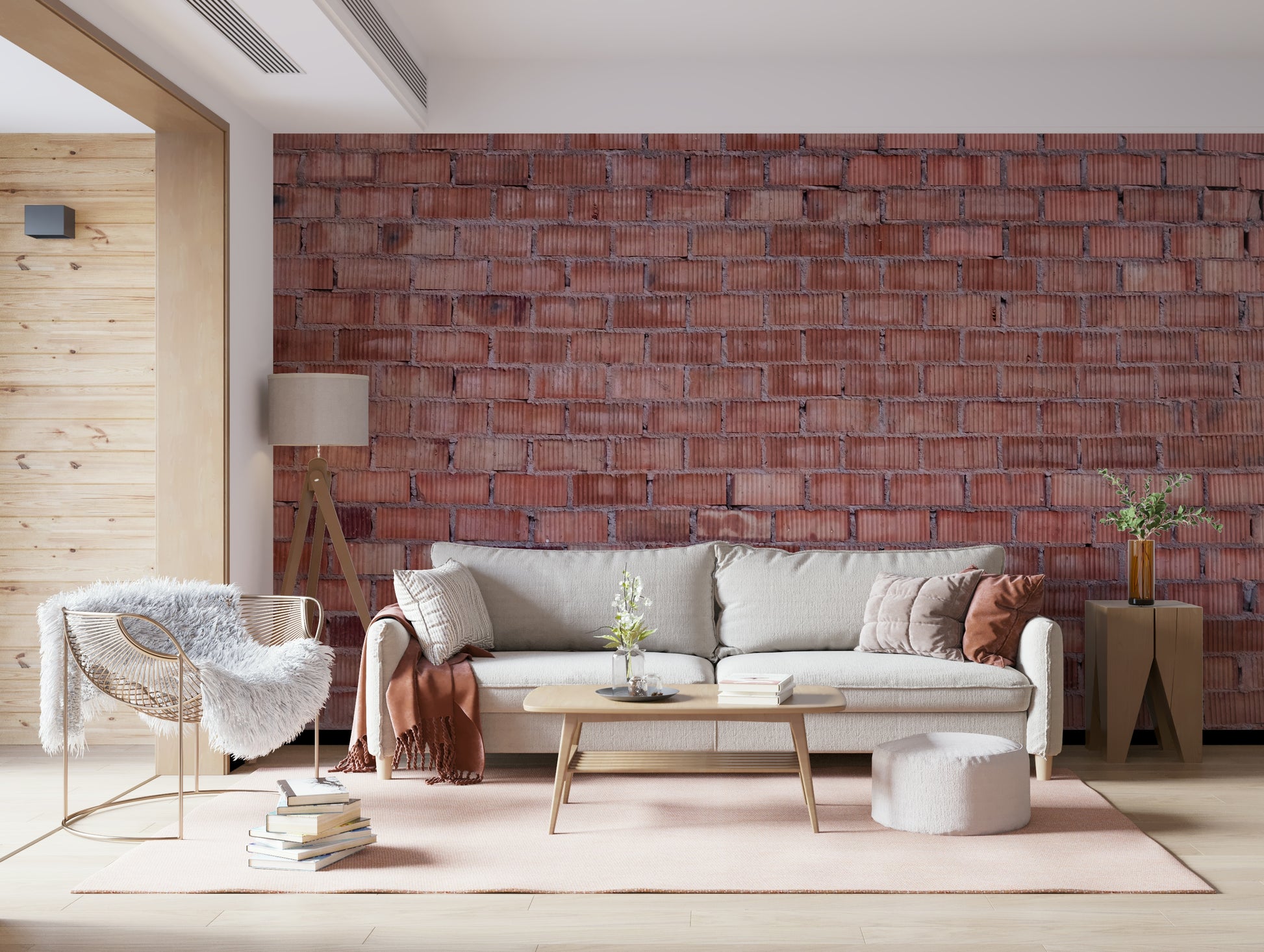 Terracotta brick texture wallpaper creating a bold, earthy, and natural feature wall.