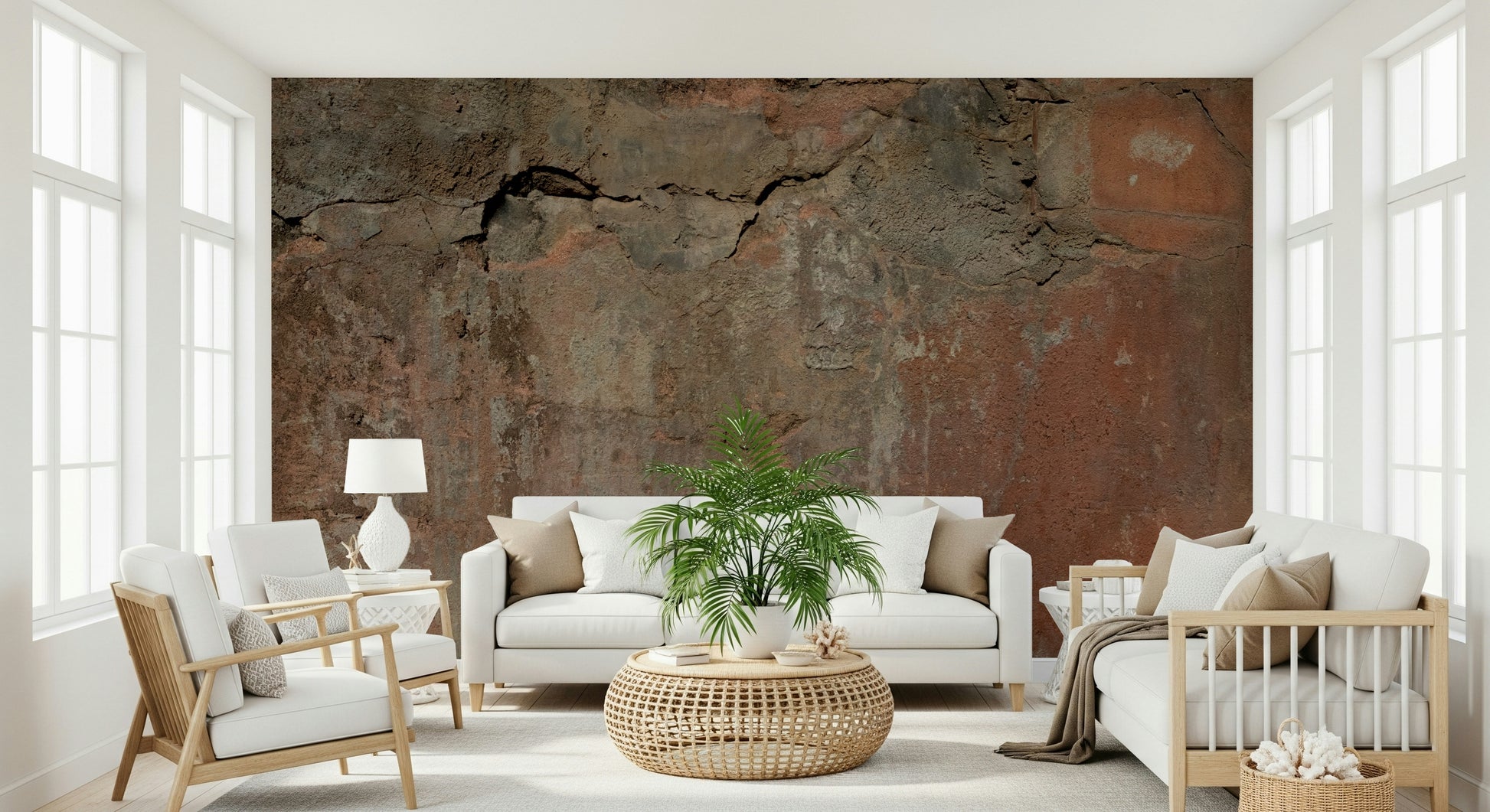 Natural-inspired wallpaper in brown, ochre, and taupe tones creating a grounded and inviting feel.