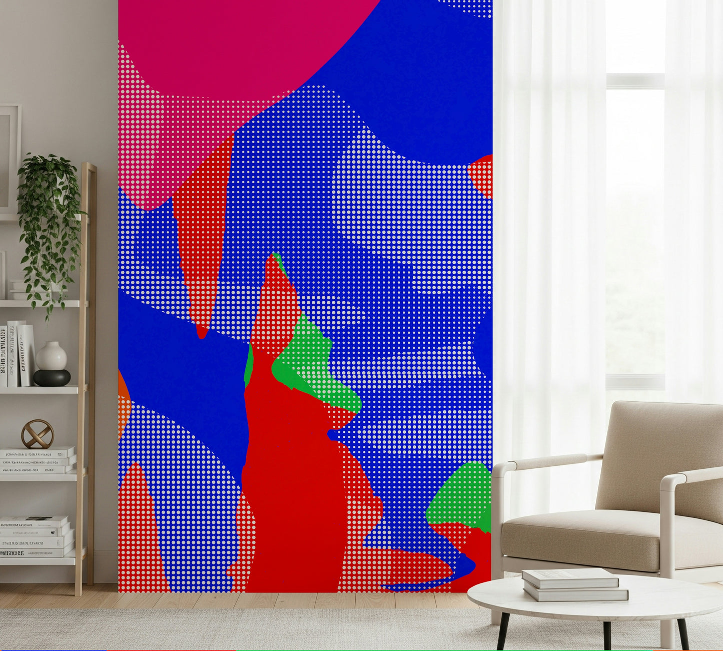 "Bold scattered dots in warm tones, Hot Dots mural for living room"
