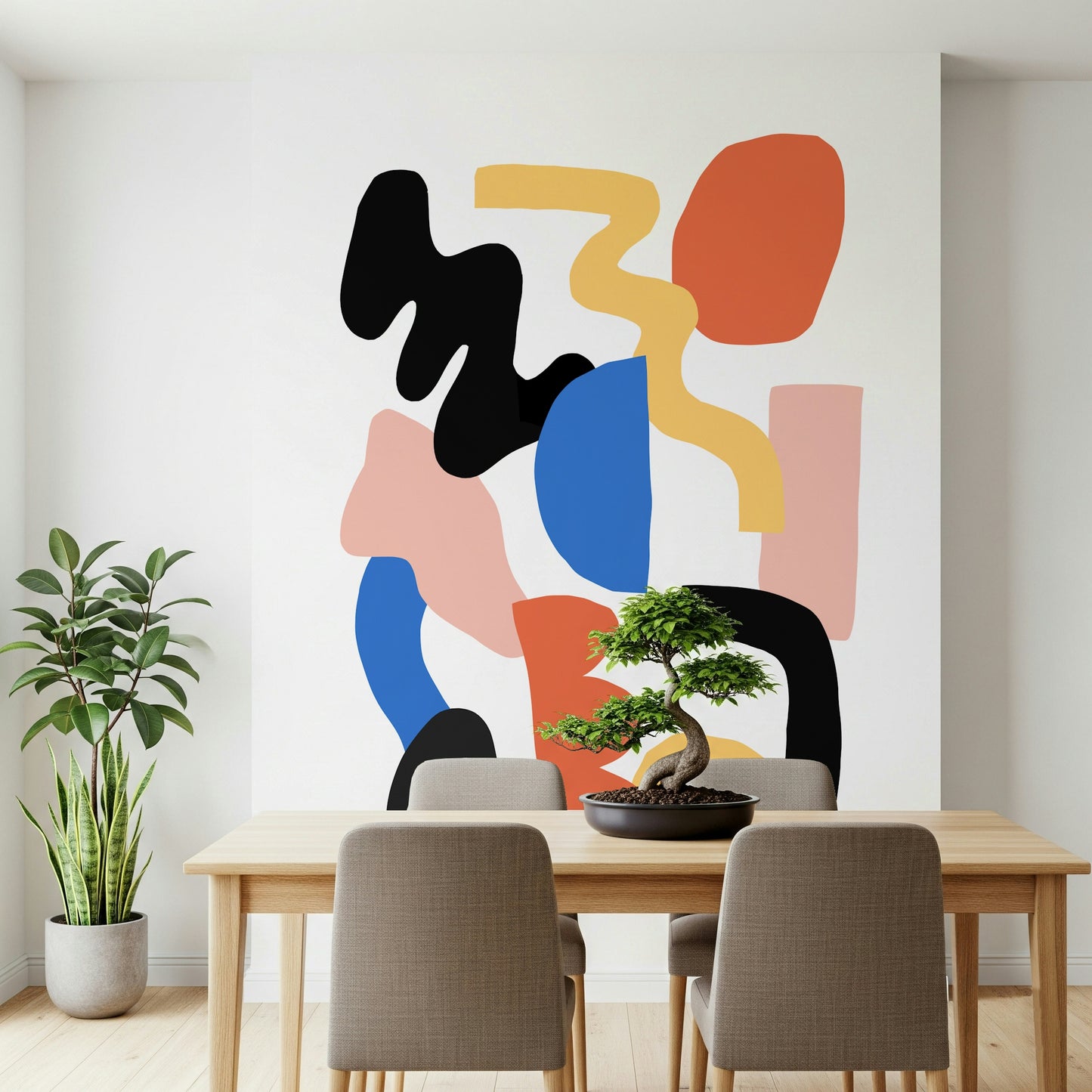 Colorful block collage creating energetic abstract mural