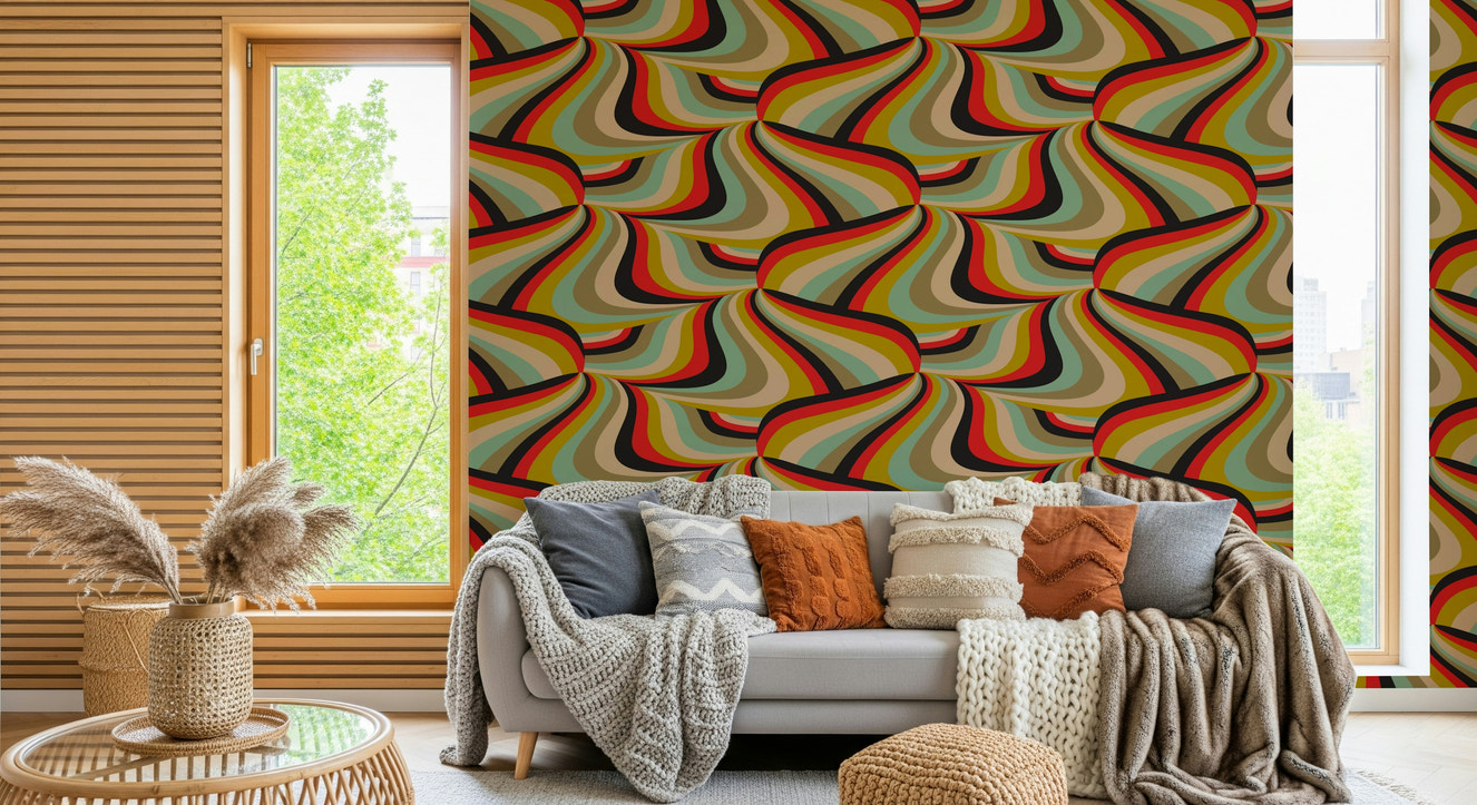 Marble Swirl Groovy Retro Abstract Wallpaper – Vibrant wall mural with swirling stripes in black, red, mustard, mint, brown, and cream tones.