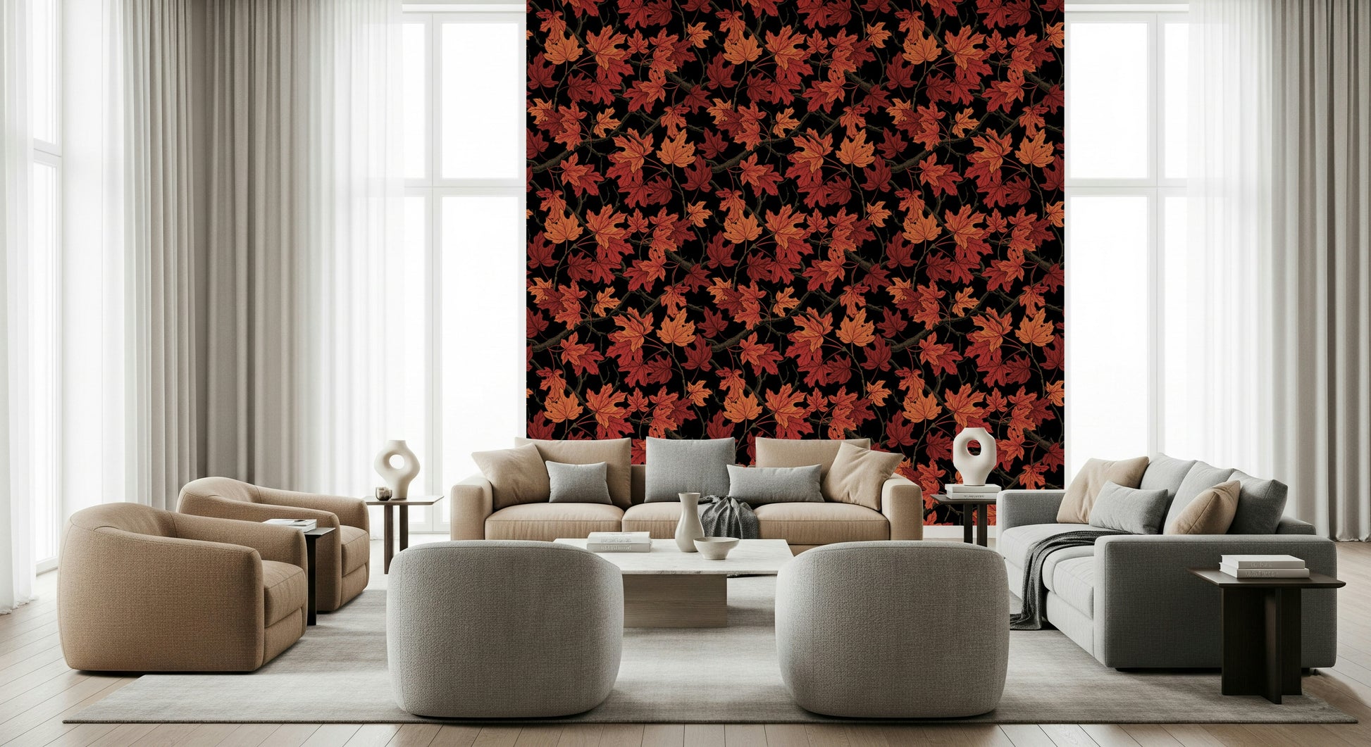 Red Maple Leaves Wallpaper Mural – Nature-inspired mural featuring vibrant crimson maple leaves on a dark background.