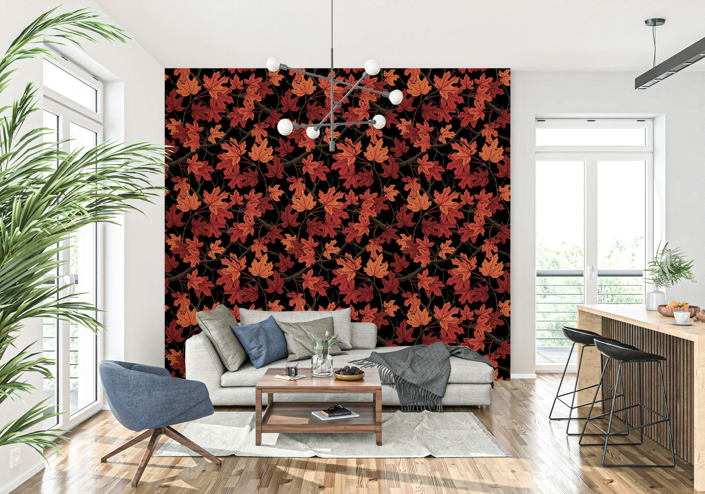 Autumn Maple Leaf Wall Mural – Bold design showcasing rich red leaves on stark black for dramatic contrast.