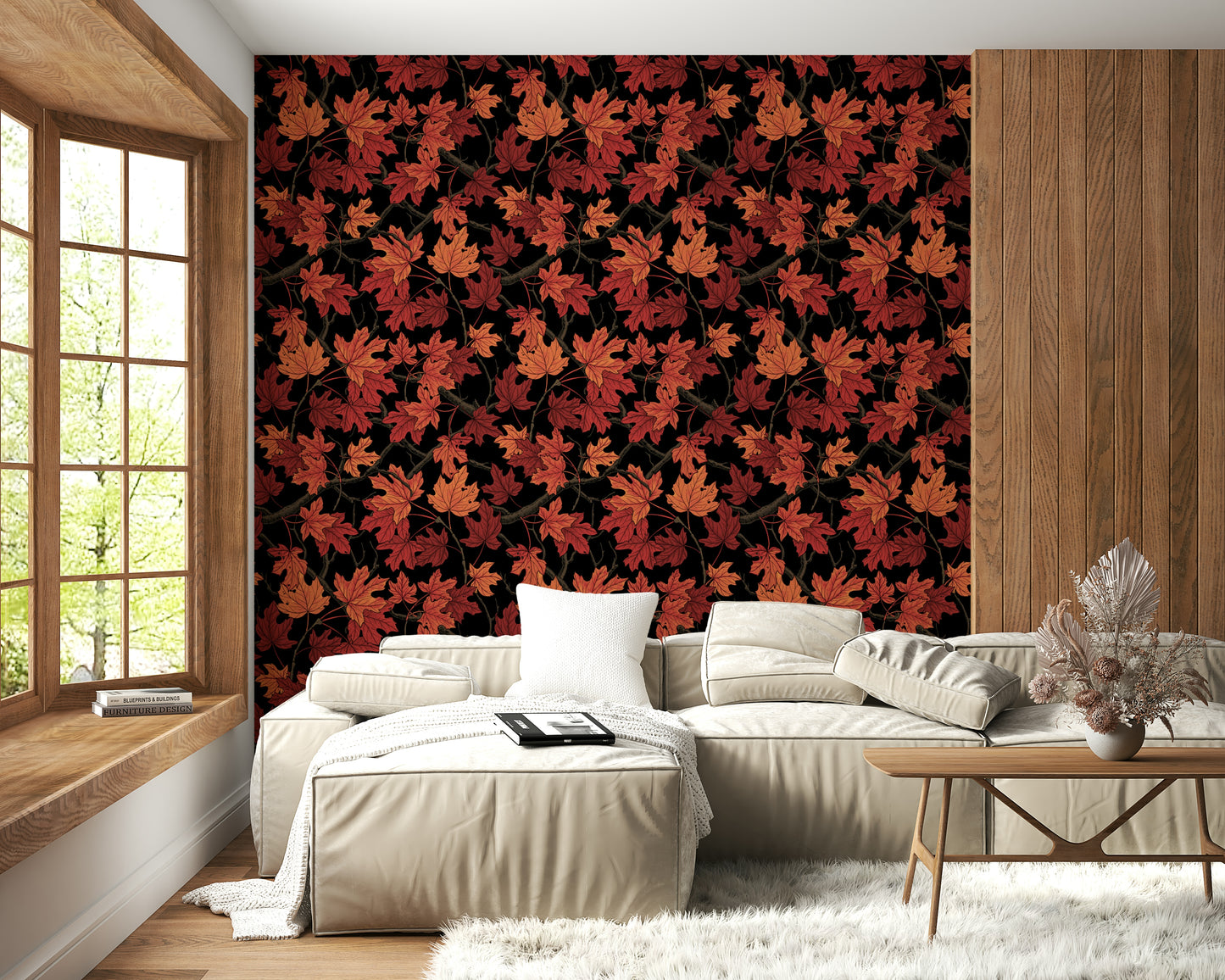 Black and Red Autumn Leaf Wallpaper – Sophisticated wall design highlighting red maple leaves against a dark backdrop.