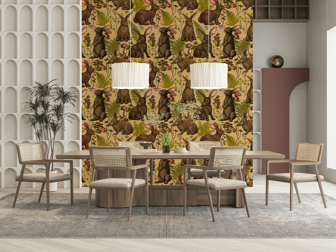 Woodland Rabbit Wall Mural – Charming design with playful rabbits nestled in greenery and wildflowers.