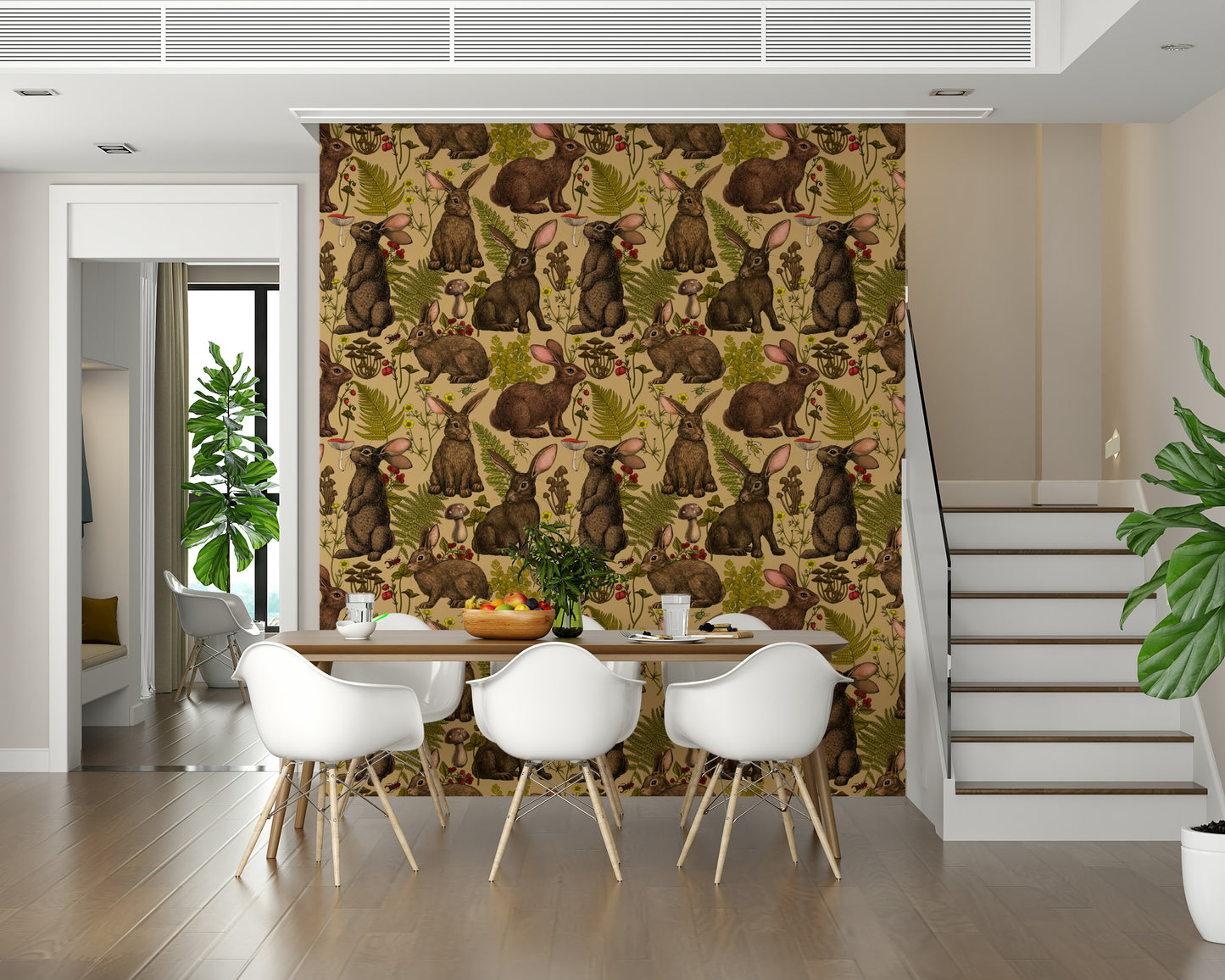 Cute Woodland Rabbit Wallpaper Mural – Decorative wall mural featuring rabbits amidst woodland flora and delicate blossoms.