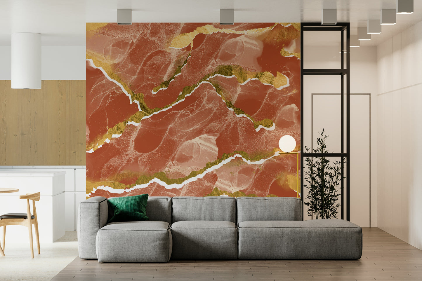 Luxe Burnt Sienna and Gold Veins Wall Mural – Contemporary marble-inspired mural showcasing deep sienna layers with gilded accents.