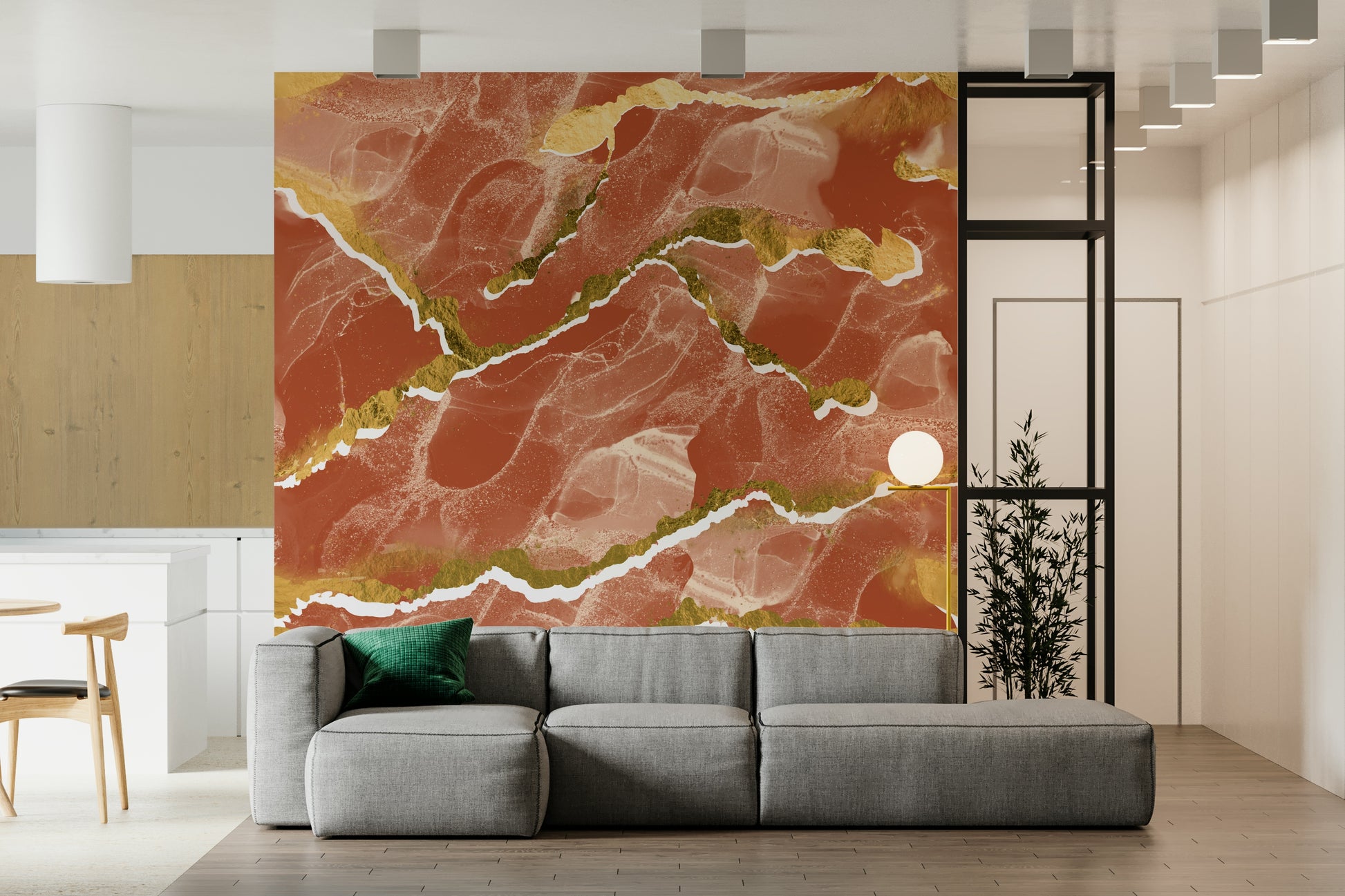 Luxe Burnt Sienna and Gold Veins Wall Mural – Contemporary marble-inspired mural showcasing deep sienna layers with gilded accents.