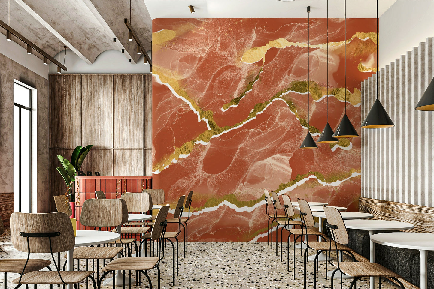 Modern Abstract Luxe Burnt Sienna Marble Mural – Refined decorative wallpaper blending warm sienna textures and gilded highlights.