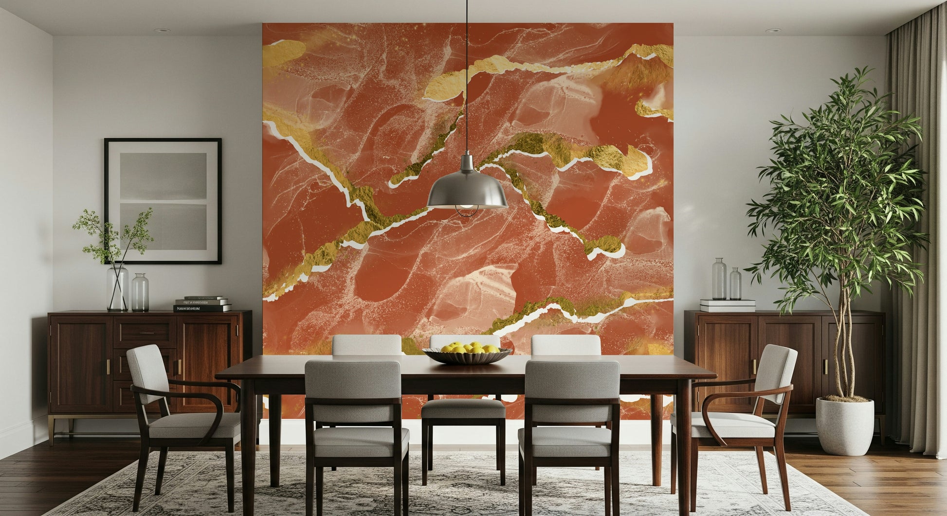 Earthy Marble with Gold Accents Wall Mural – Sophisticated abstract mural combining burnt sienna marble tones with subtle gold veining.