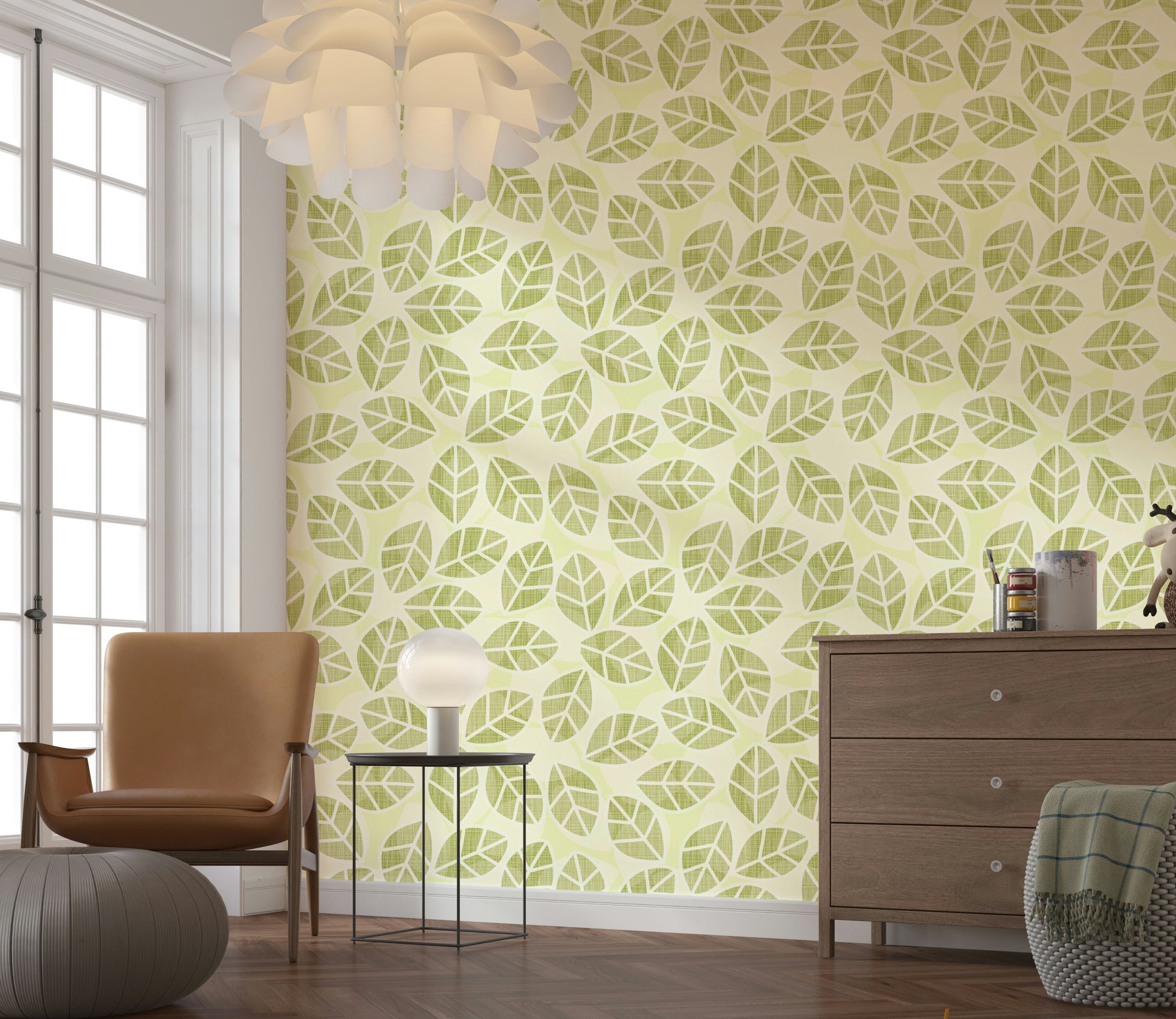 Playful Spring Foliage Wallpaper – Lighthearted mural of green leaves in a dynamic, whimsical arrangement.