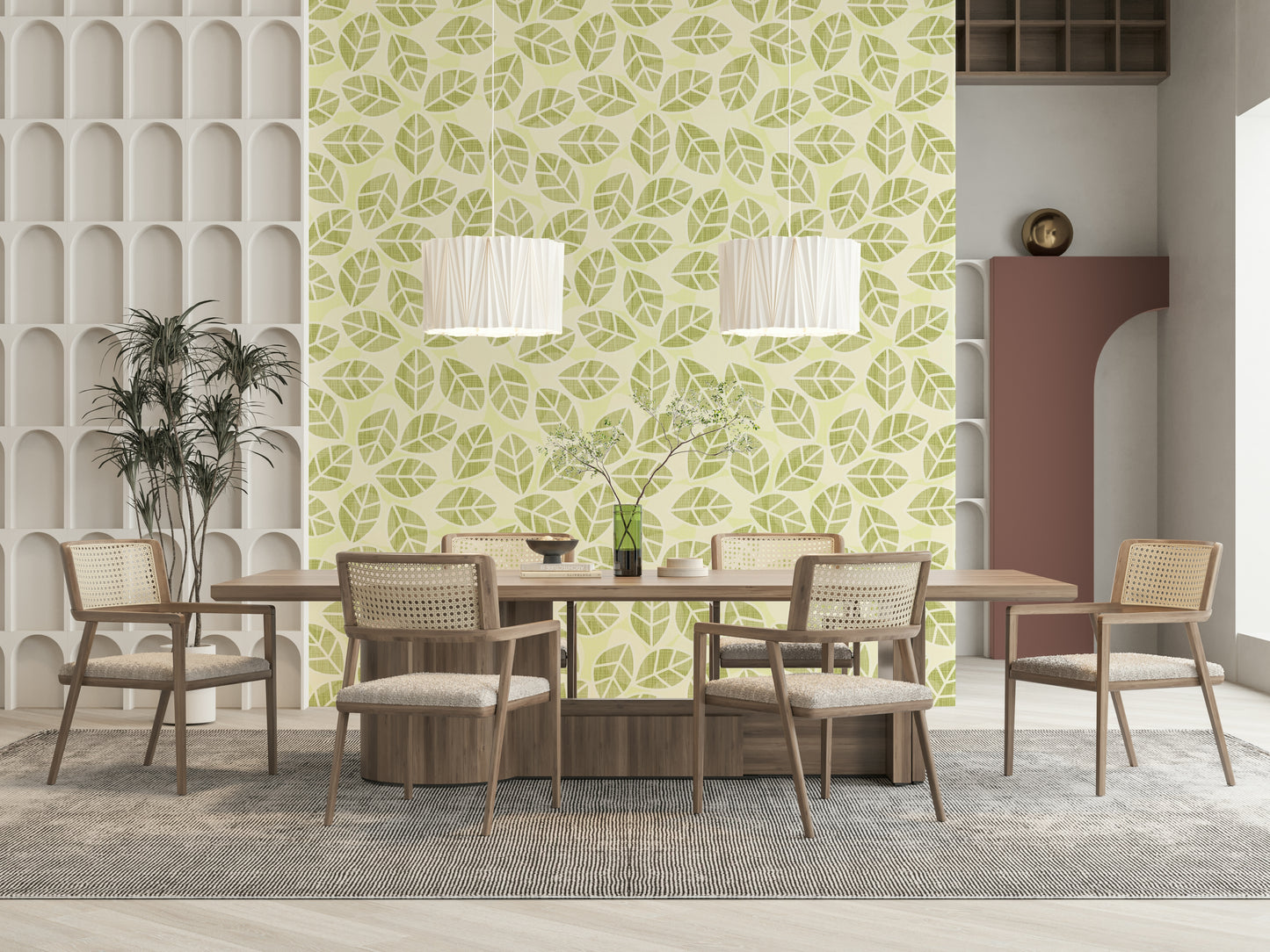 Leaves in Spring Green Wallpaper – Bright and airy wall design featuring scattered fresh green leaves.
