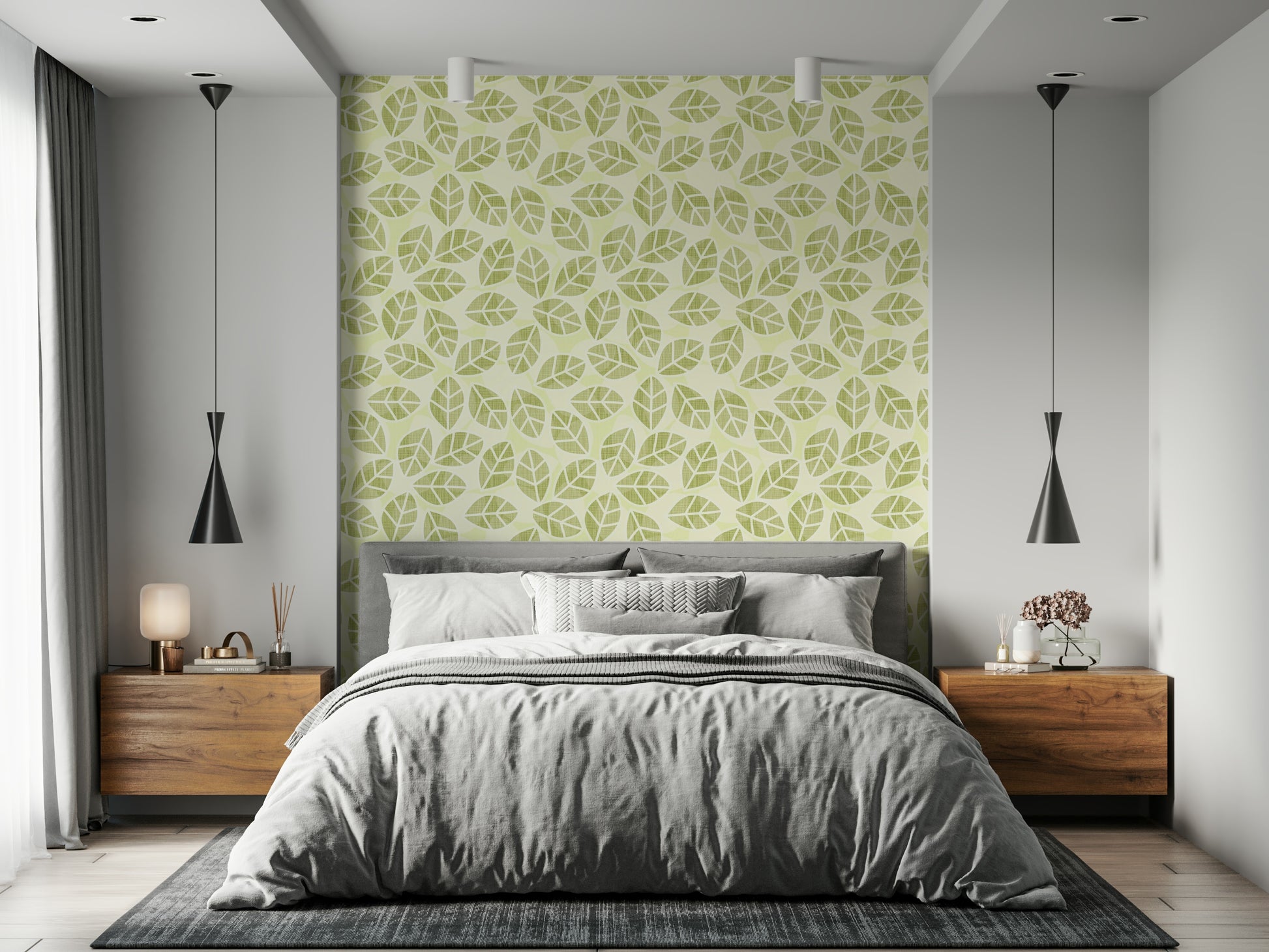 Fresh Spring Leaf Pattern Wallpaper – Elegant wallpaper with natural leafy motifs in vivid spring green tones.