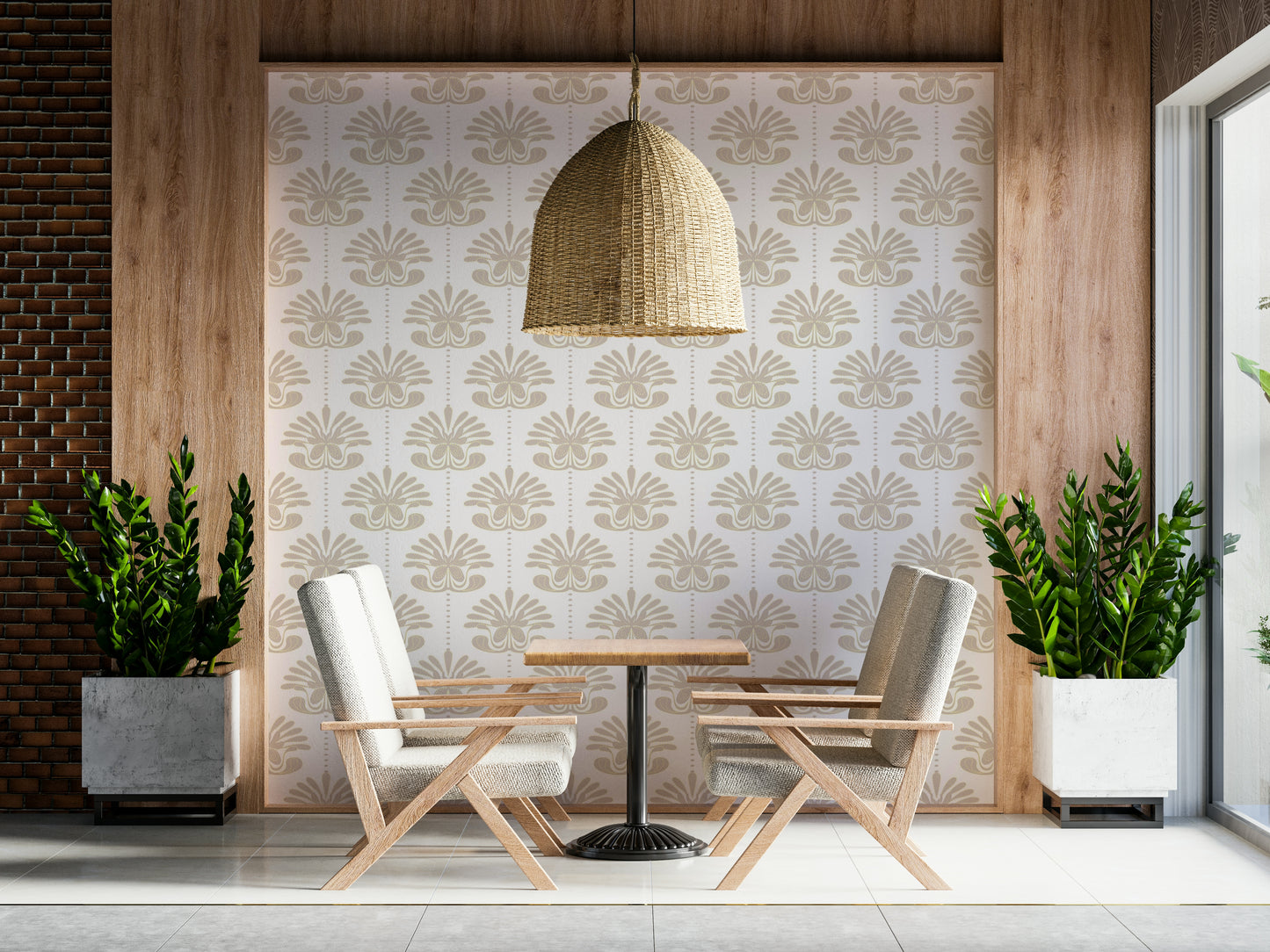 Floral Symmetry Wallpaper – Decorative wall design showcasing repeating floral motifs in balanced arrangements.