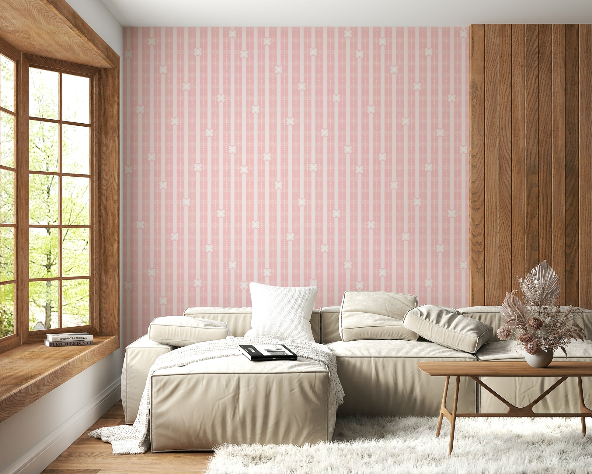 Pastel Pink Petals & Stripes Wall Mural – Subtle, feminine wallpaper combining soft petals with refined stripes.