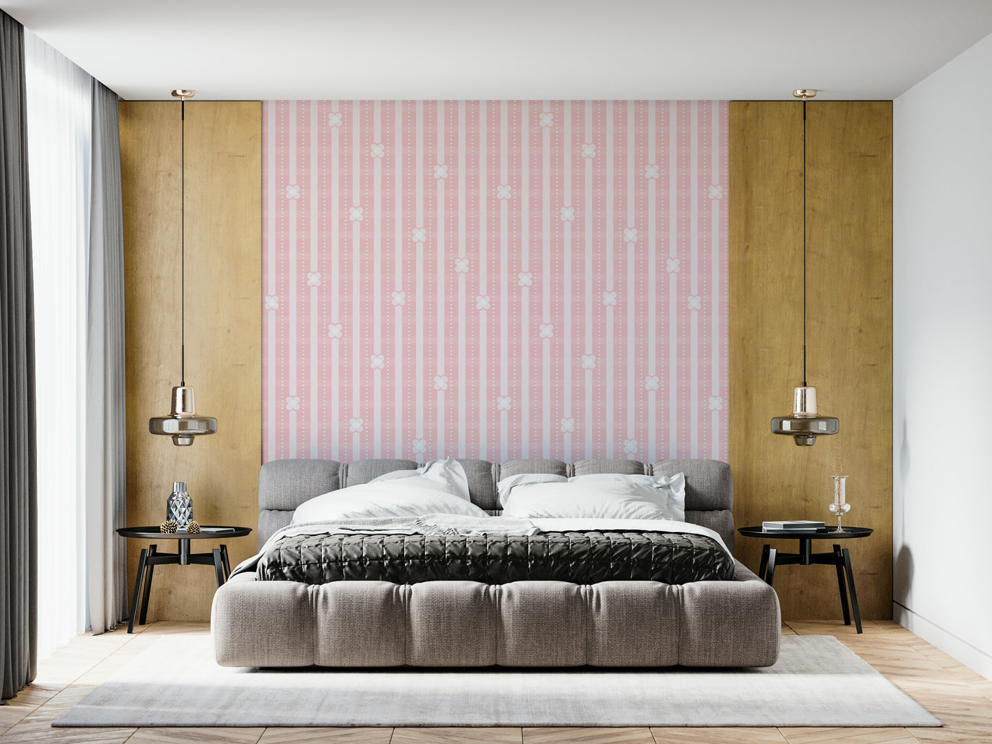 Romantic Pink Floral Stripe Wallpaper – Elegant design with blooming petals arranged over classic striped textures.