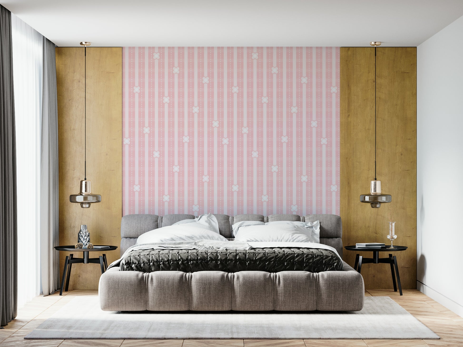 Romantic Pink Floral Stripe Wallpaper – Elegant design with blooming petals arranged over classic striped textures.
