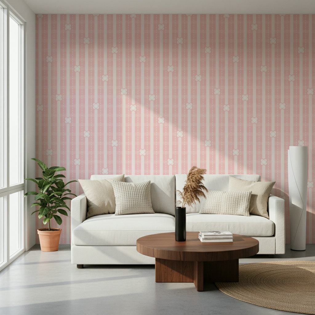 Pink Petal Pattern Wall Mural – Romantic wallpaper featuring scattered pink petals layered on soft stripes.