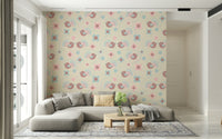 A whimsical Bird and Flower Wallpaper in soft pasteltones, showing cute birds among the blossoms.