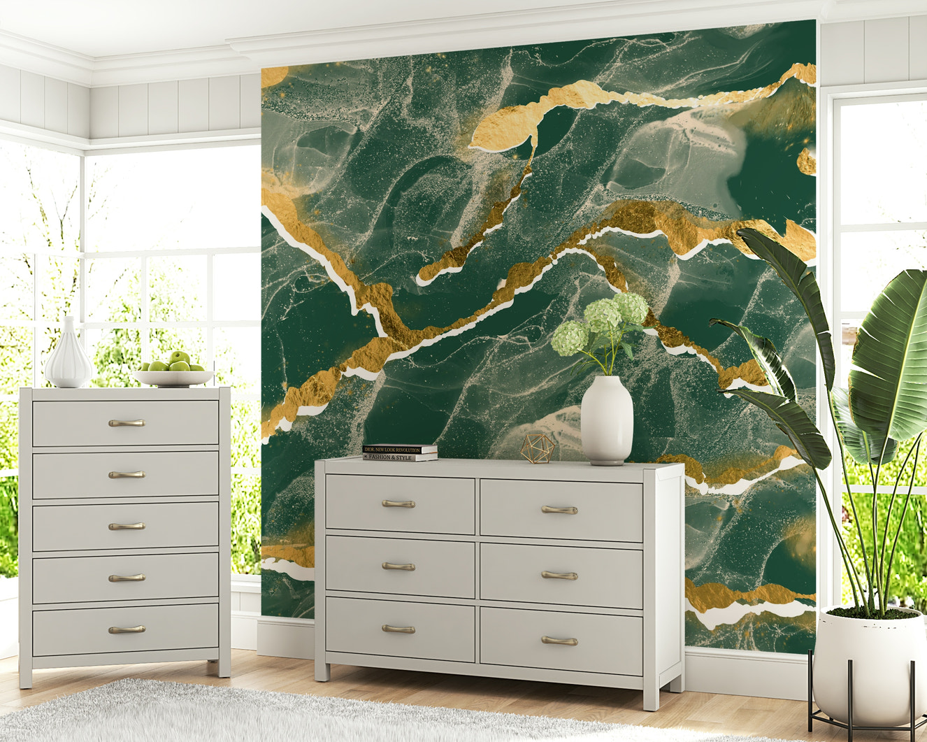 A modern abstract Marble Wallpaper featuring rich emerald green hues intersected by elegant golden veins.