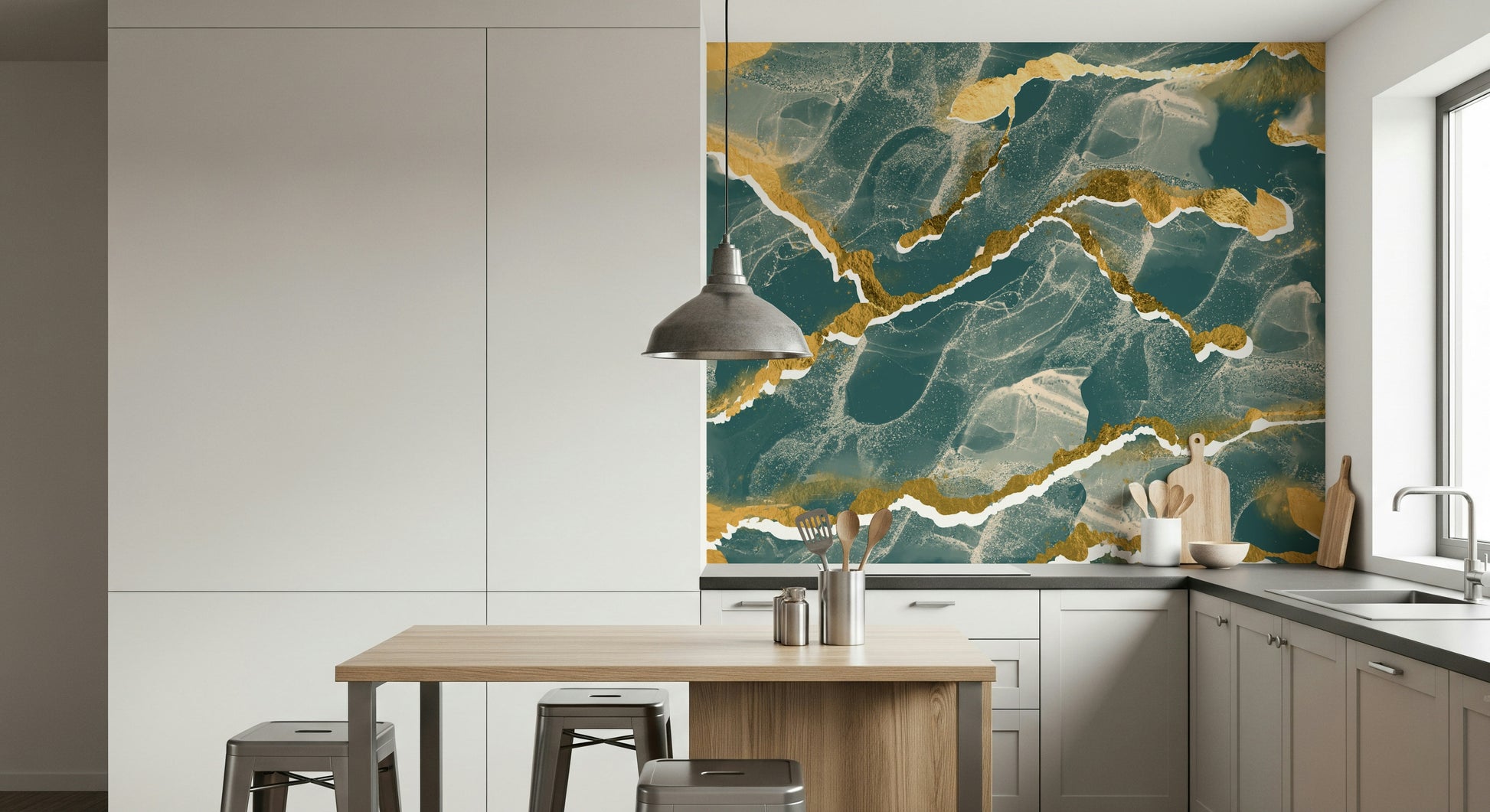 A modern abstract Marble Wallpaper featuring rich deep lagoon hues intersected by elegant golden veins.