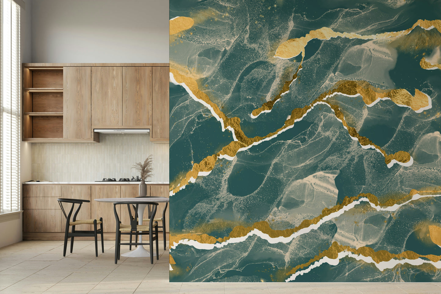 Abstract art Marble Wallpaper mural with flowing golden veins across a deep lagoon marble background.