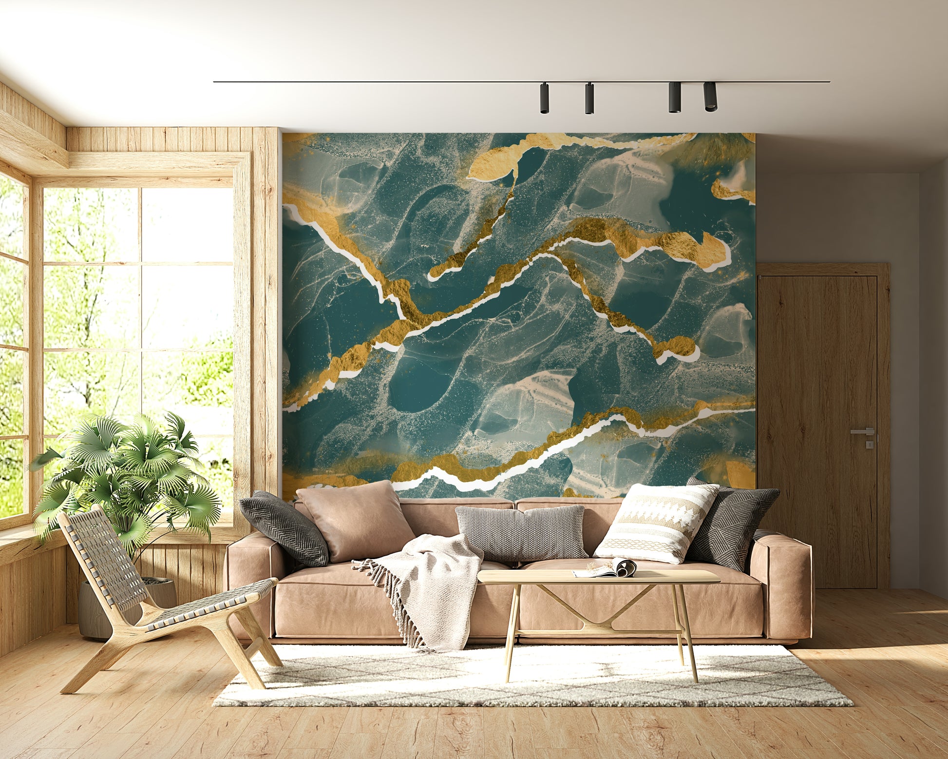 Elegant Marble Wallpaper in a deep lagoon hue, highlighted by sophisticated golden veins for a modern interior.