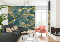 Golden Veins Deep Lagoon Marble - a Modern Luxe Abstract Marble Wallpaper mural.