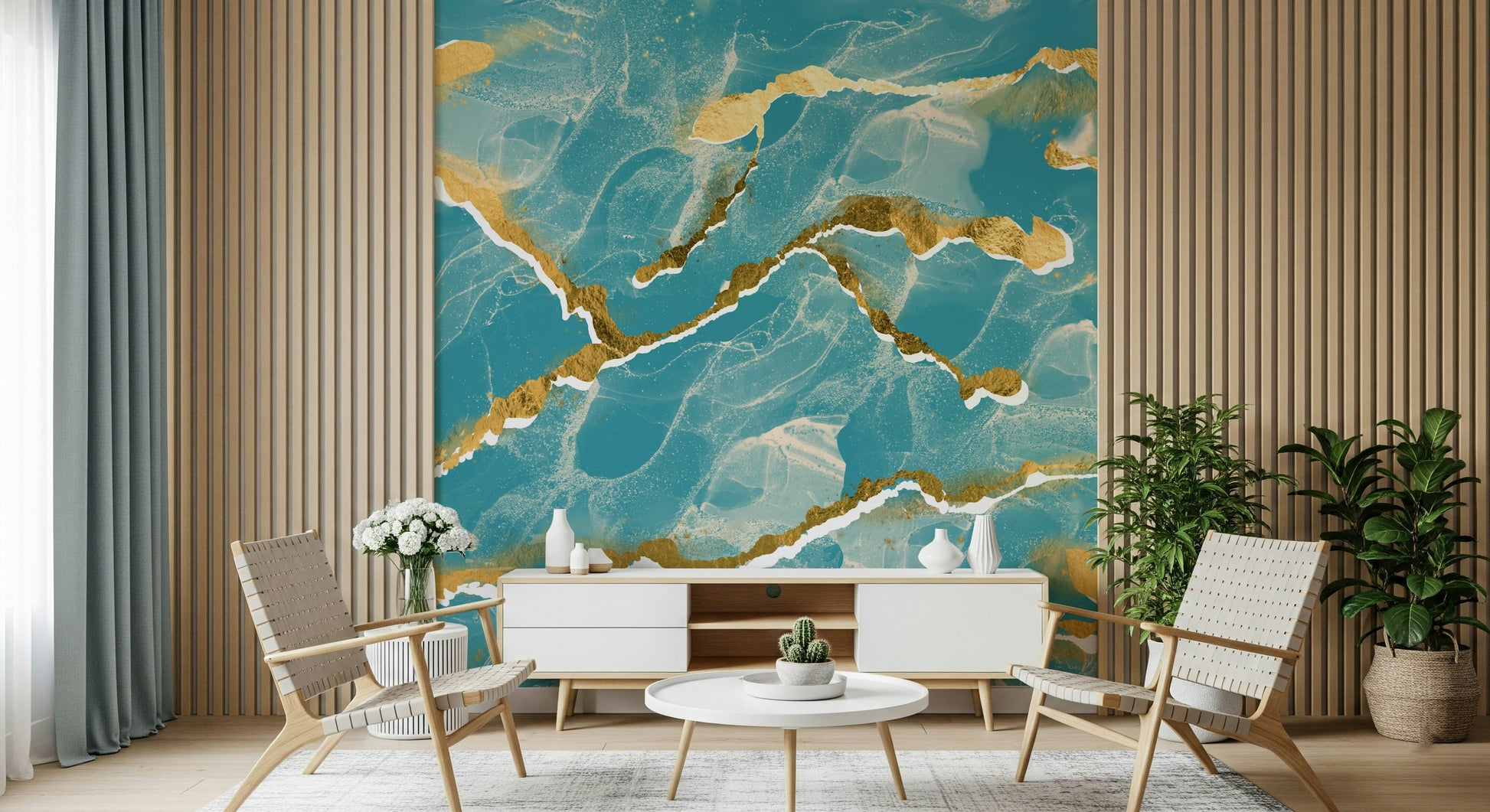 Elegant Marble Wallpaper in a vibrant tropical teal, highlighted by sophisticated golden veins for a modern interior.