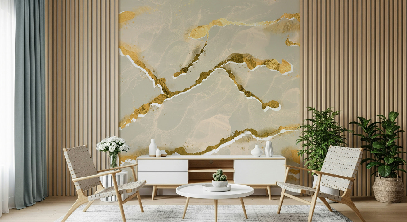 A modern abstract Marble Wallpaper featuring warm ecru sand tones intersected by elegant golden veins.