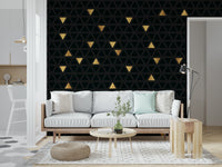 The Luxury Black and Gold Triangles mural shown as a flat lay, detailing the intricate lines of the modern wallpaper design.
