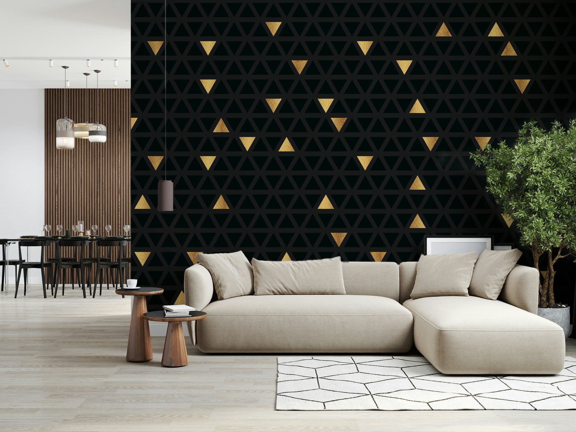 The Luxury Black and Gold Triangles Wall Mural, a bold modern wallpaper that uses geometric shapes for a high-end, abstract look.