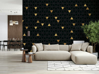 The Luxury Black and Gold Triangles Wall Mural, a bold modern wallpaper that uses geometric shapes for a high-end, abstract look.
