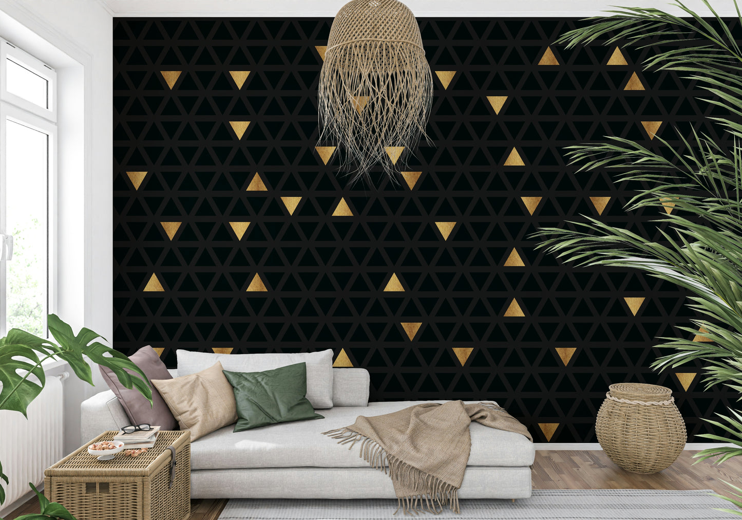 This abstract wallpaper features a pattern of interlocking black and gold triangles, creating a luxurious and modern effect.