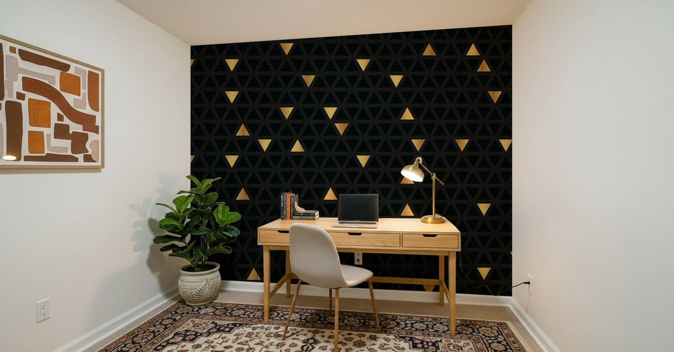 A close-up of the Luxury Black and Gold Triangles Wall Mural, showing the metallic gold lines and matte black shapes of this geometric wallpaper.