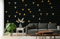 Detail shot of the Luxury Black and Gold Triangles Wall Mural, an abstract wallpaper design featuring a sophisticated, textured pattern.