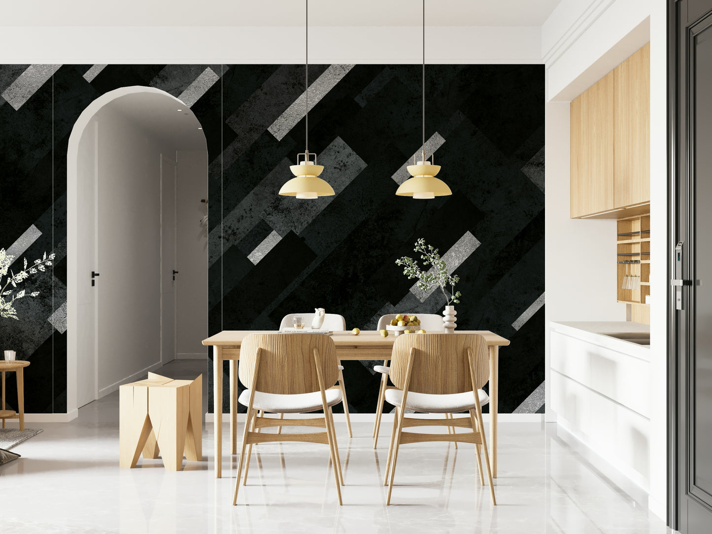 Silver Grey Charcoal Layered Pattern Wall Mural – Modern abstract design featuring layered shades of silver, grey, and charcoal.