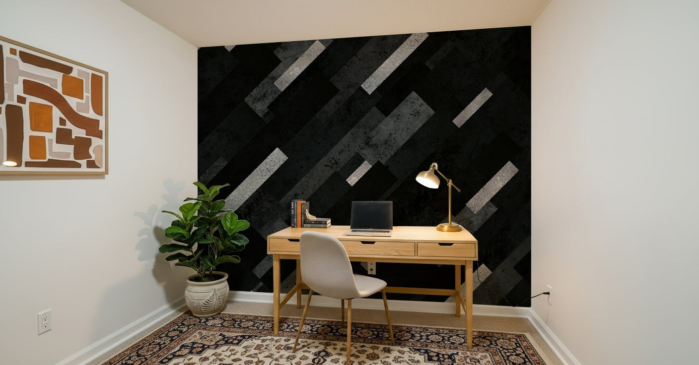Layered Monochrome Wall Mural – Minimalist design with charcoal, grey, and silver creating a textured layered effect.