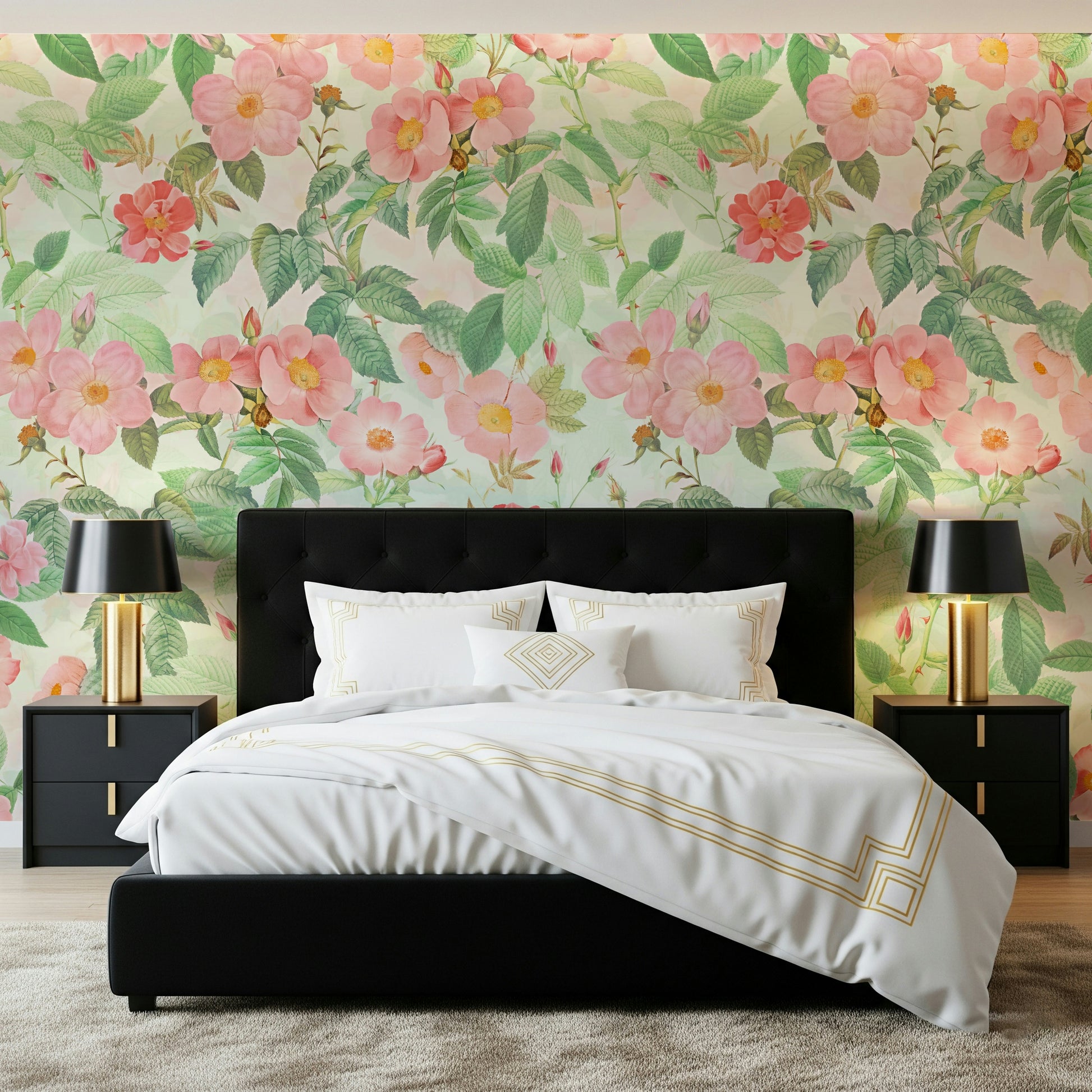 Vintage Redouté Rose Garden Wall Mural – Elegant mural featuring detailed antique-style roses in soft, classic tones.