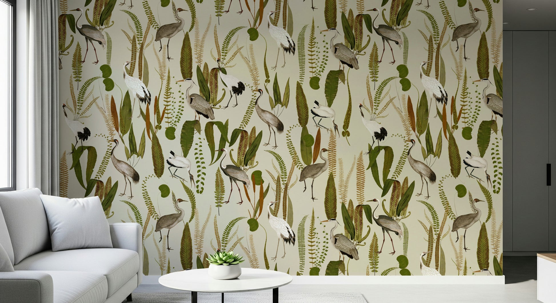 Vintage Crane Garden Wall Mural – Serene scene of elegant cranes wading through a lush, floral garden.